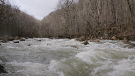 static camera footage of a very full creek that has rocks and rapids in chattanooga, tn.