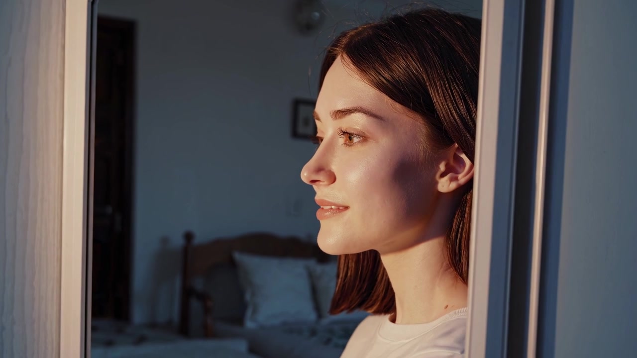 Mujer joven mirándose al espejo