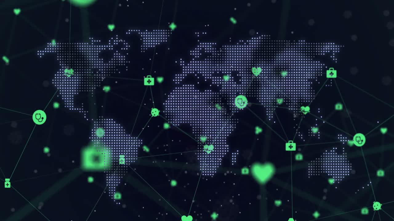 animación de la red de iconos médicos sobre el mapa del mundo contra un fondo azul
