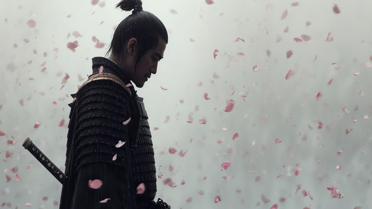 Samurai in Armor with Falling Cherry Blossoms