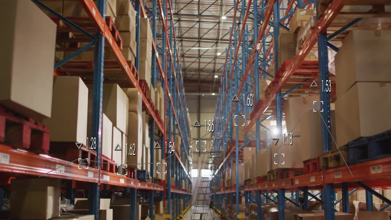 Featuring data overlay and analytics, warehouse shelves stacked with boxes