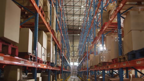 featuring data overlay and analytics, warehouse shelves stacked with boxes