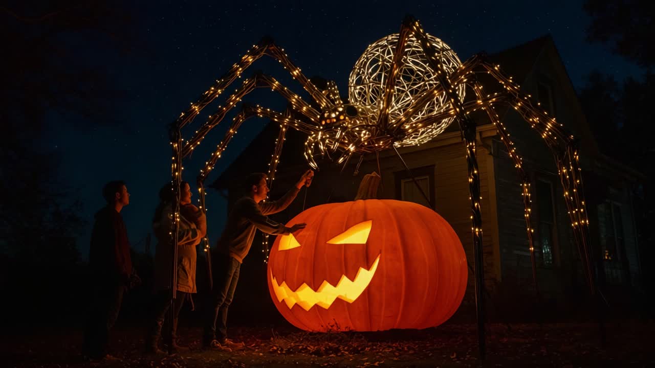 A Chilling Halloween Scene Featuring a Giant Spider Prop Over a Carved Pumpkin, Illuminated by Twinkling Lights Against a Night Sky