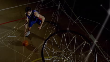 animation of networks of connections over mixed race male basketball player at gym