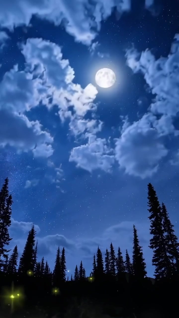 Serena foresta notturna con lucciole luminose sotto un cielo stellato illuminato dalla luna