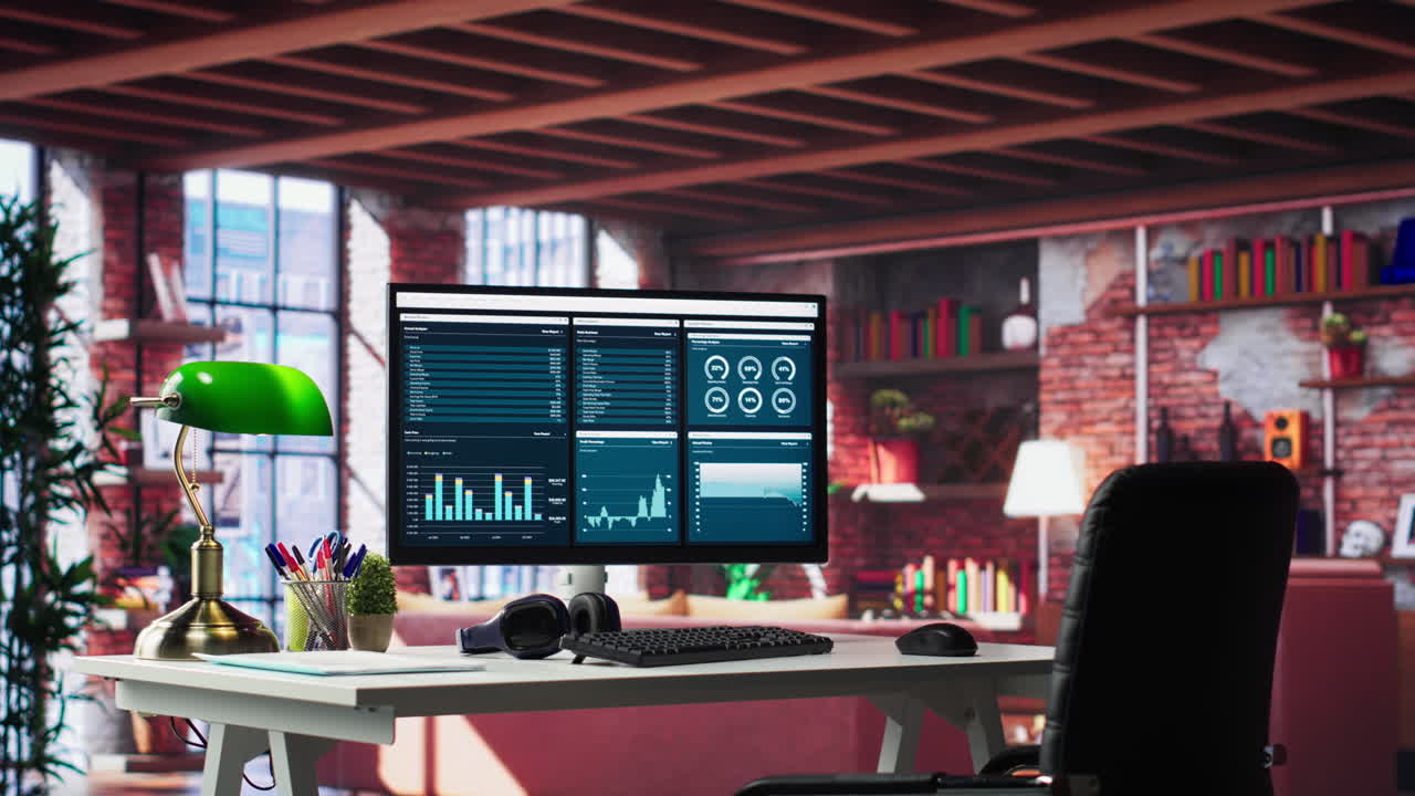 Vertical Video Modern home office with desktop PC monitor displaying business analytics