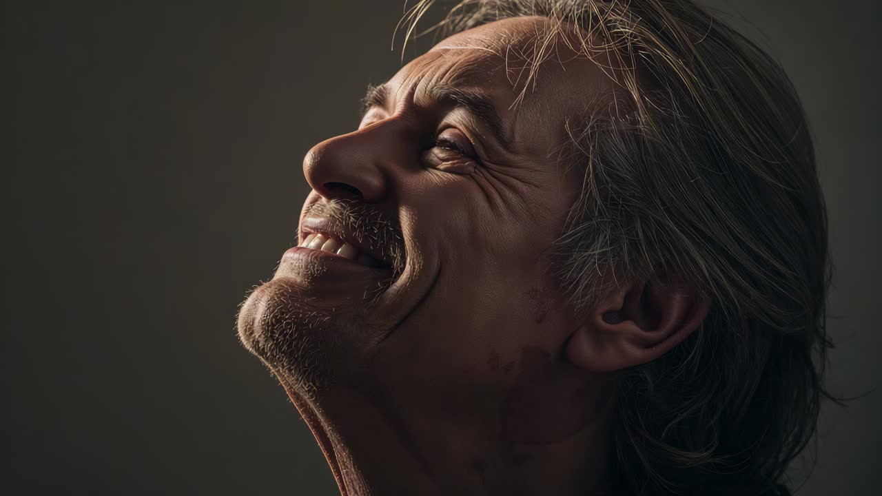 Un uomo anziano sorridente in posa di profilo destro in studio, con del vapore che appare e cresce lentamente verso sinistra