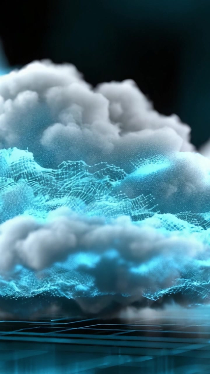 Eine faszinierende Verschmelzung von Wolken und Technologie: Eine ätherische Darstellung dynamischer digitaler Himmel, beleuchtet von leuchtend blauem Licht und einem Netzwerk von Verbindungen