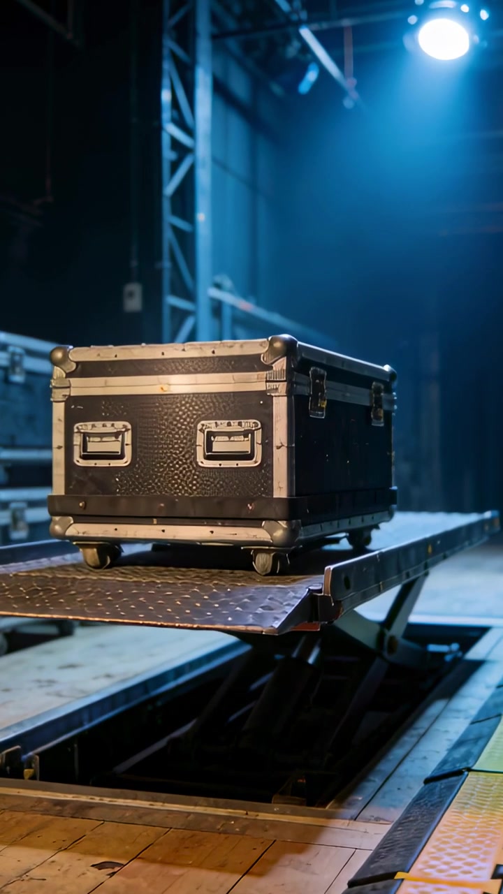 Vertical video: Extending scissor lift raising road case from pit to stage level, blue light