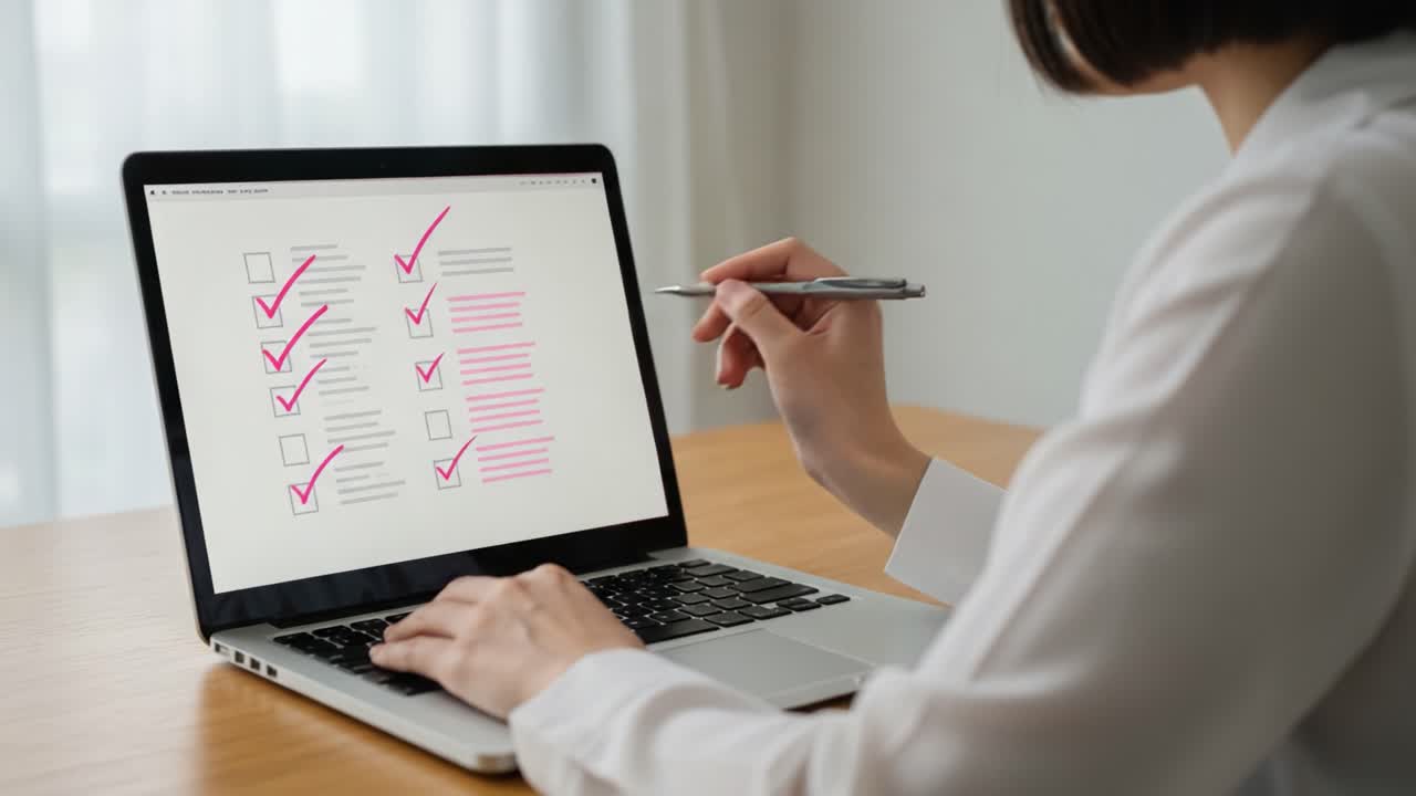 A Focused Individual Engaging in Detailed Work on a Laptop, Methodically Reviewing a Checklist with Visible Marks of Completion in a Bright Office Setting