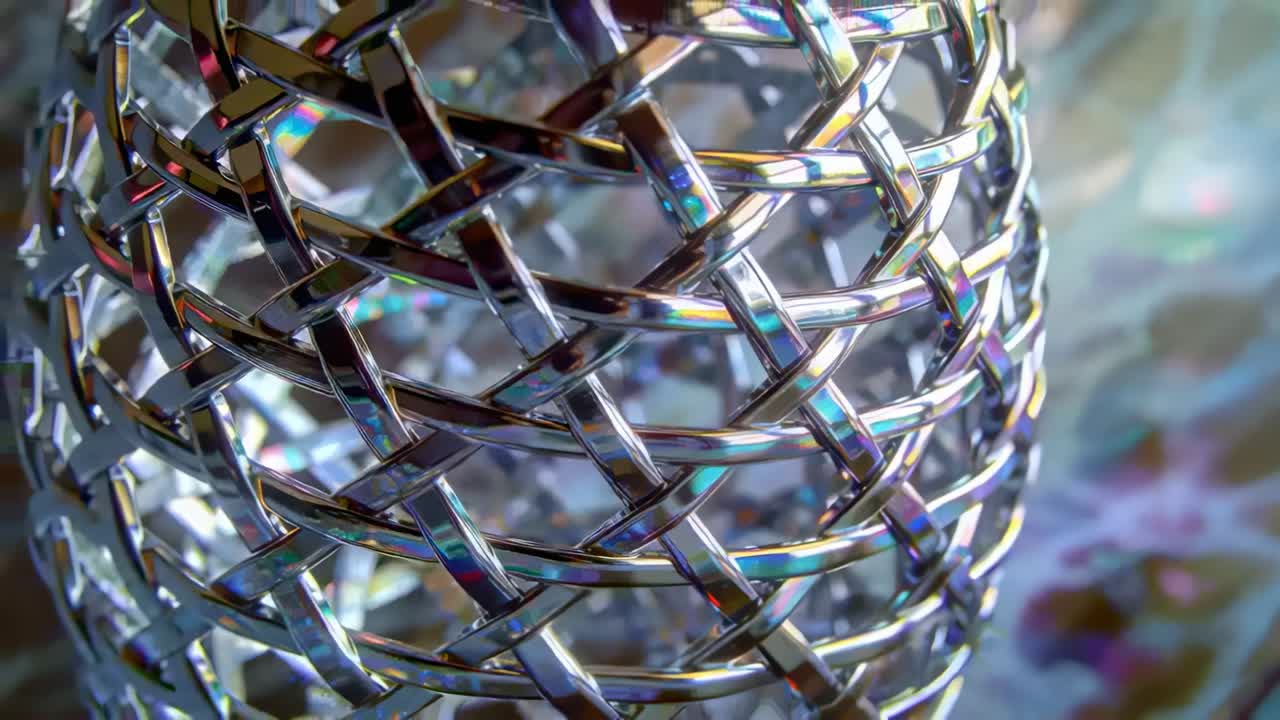 Pulling back camera opening woven metal tube on marble plane, revealing structure and rainbow bands