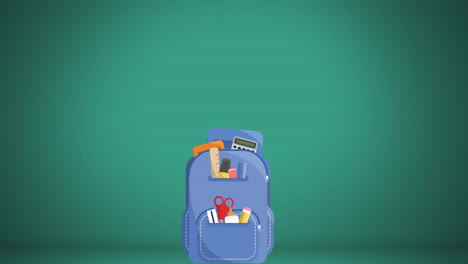 animación de iconos de mochilas y artículos escolares sobre fondo verde