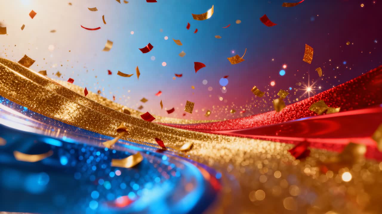 Caldo bagliore crescente sulla sinistra che crea nastri ondulati e un pavimento scintillante che si muove inviando coriandoli per una festa