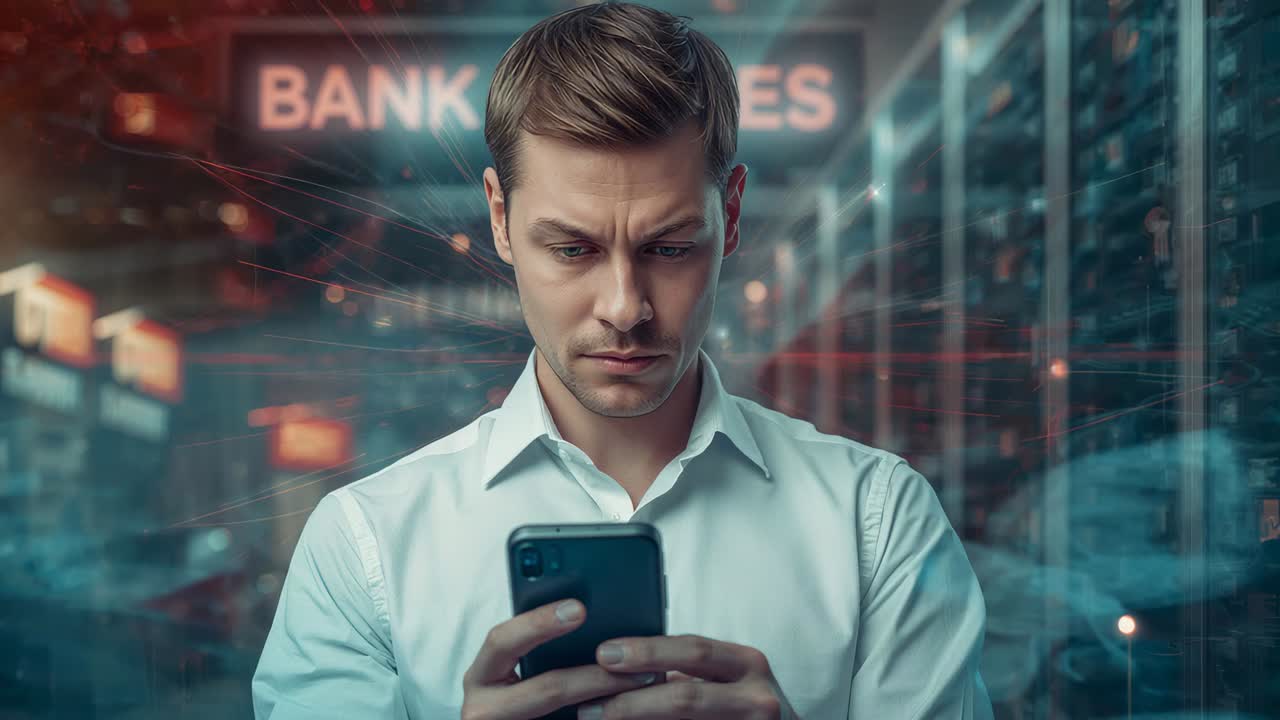 Notification arriving, man in white shirt reading smartphone at bank, checking escalating alert