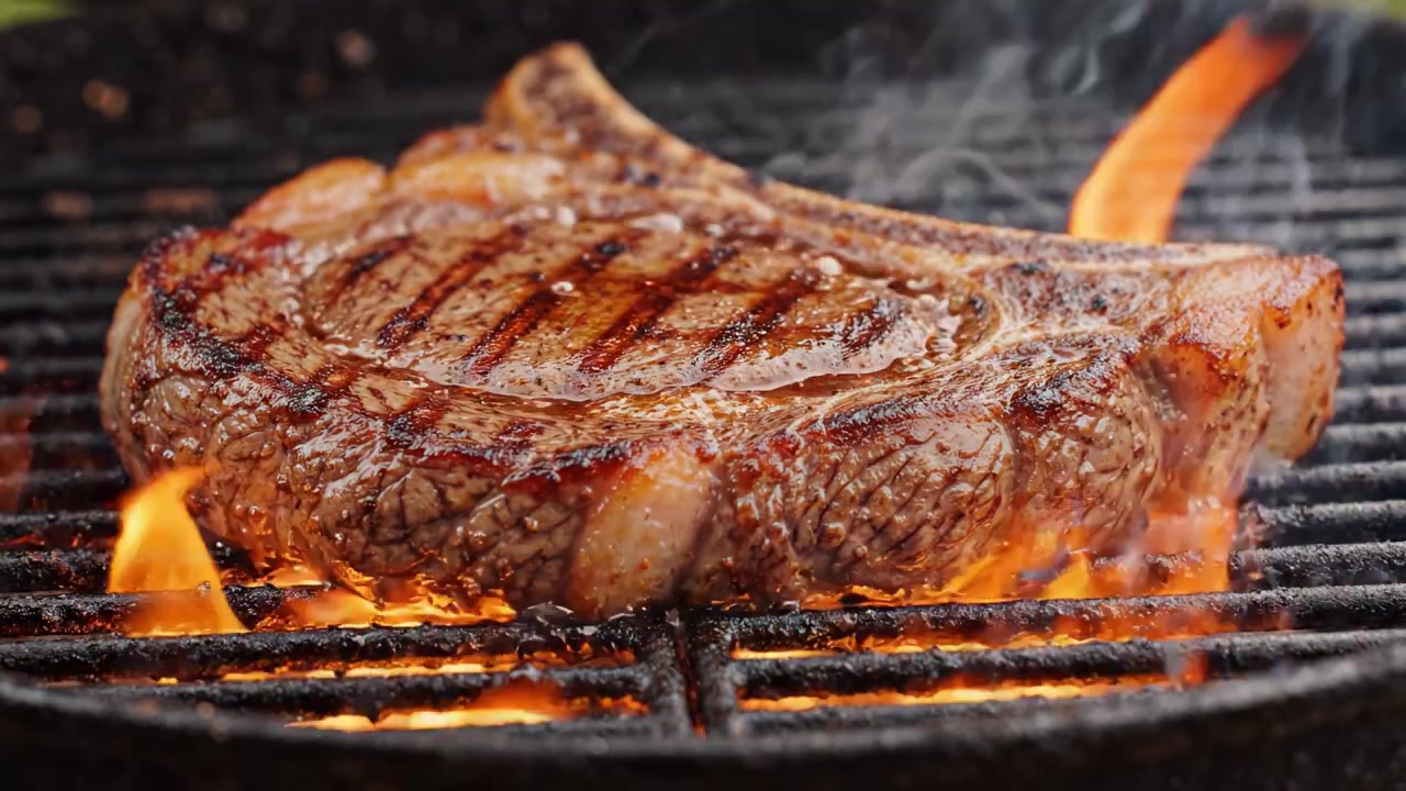 Una succulenta e saporita bistecca di costata che cuoce sulla griglia, mostrando perfetti segni di grigliatura e la sua bontà sfrigolante in una scena culinaria all'aperto.
