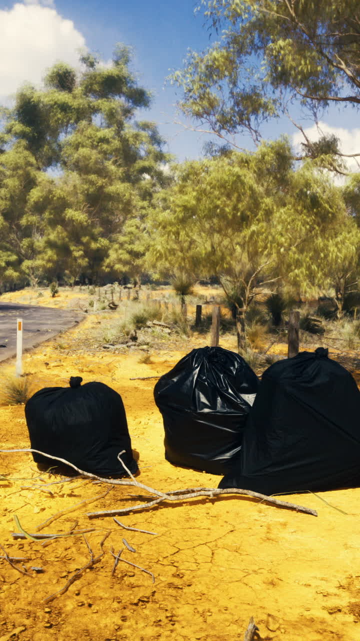 Trash bags abandoned beside a winding road in a dry desert landscape
