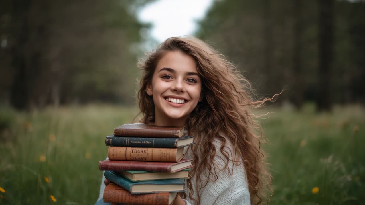 Adolescente sorridente che tiene una pila di libri vintage in un prato di pini, dopo aver guardato la telecamera, con un maglione di lana.