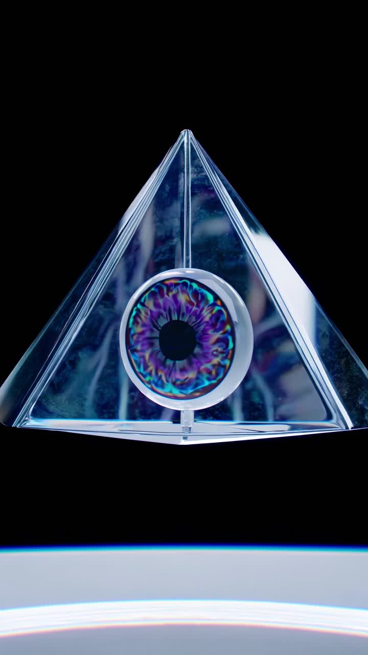 Glass pyramid with colorful eye floating above planet with black background and thin atmosphere, representing concepts of surveillance, conspiracy, mystery, and new world order