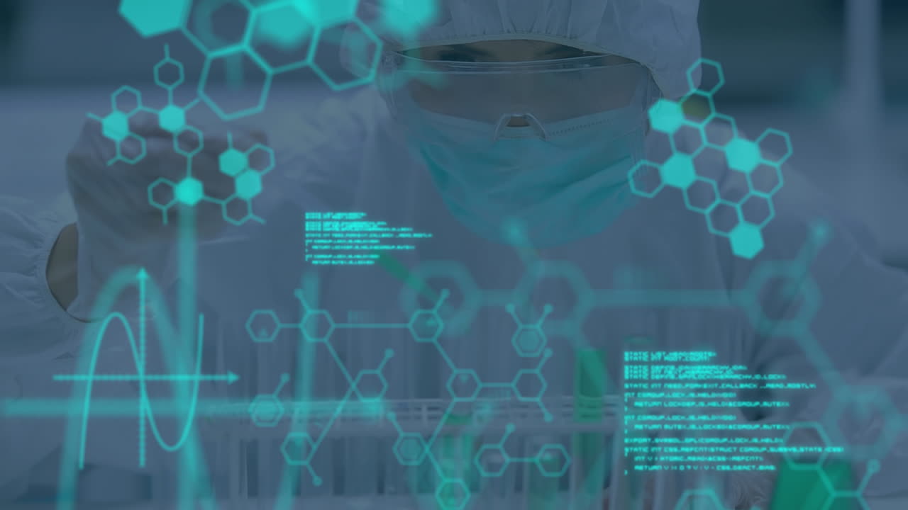 animación del procesamiento de datos científicos sobre una científica caucásica con máscara facial en el laboratorio
