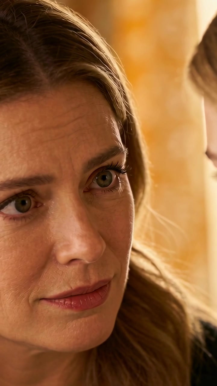 Video verticale: Sentendo parlare l'adolescente, donna che si gira dolcemente, mantenendo lo sguardo, con un top scuro, a casa, tenda