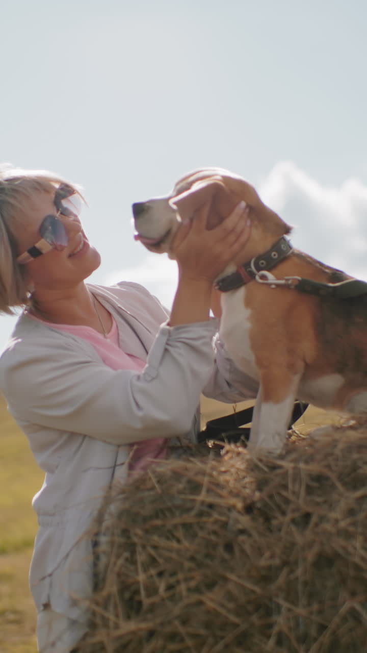 una mujer mayor con gafas de sol frotando amorosamente las orejas de su beagle mientras se sienta en un pajar en un vasto campo rural, otra persona con gachas de sol está cerca