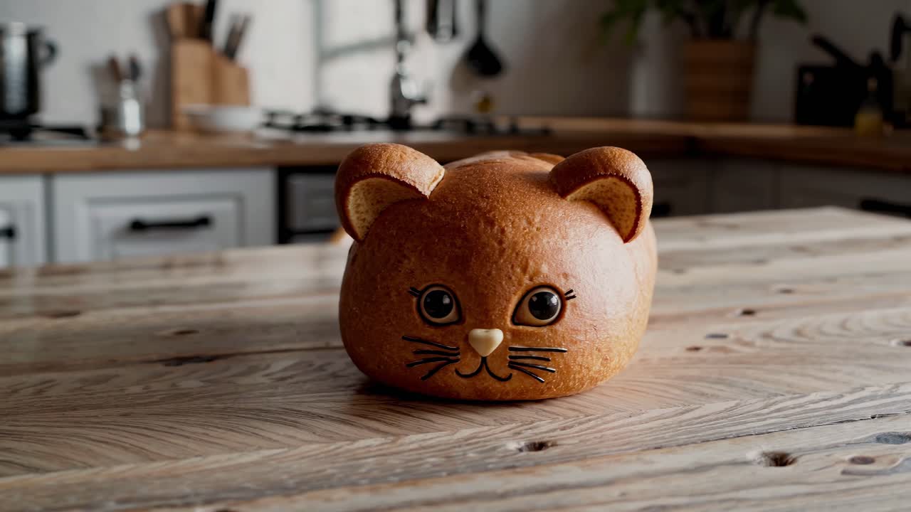 Cute Cat-Shaped Bread on a Wooden Table