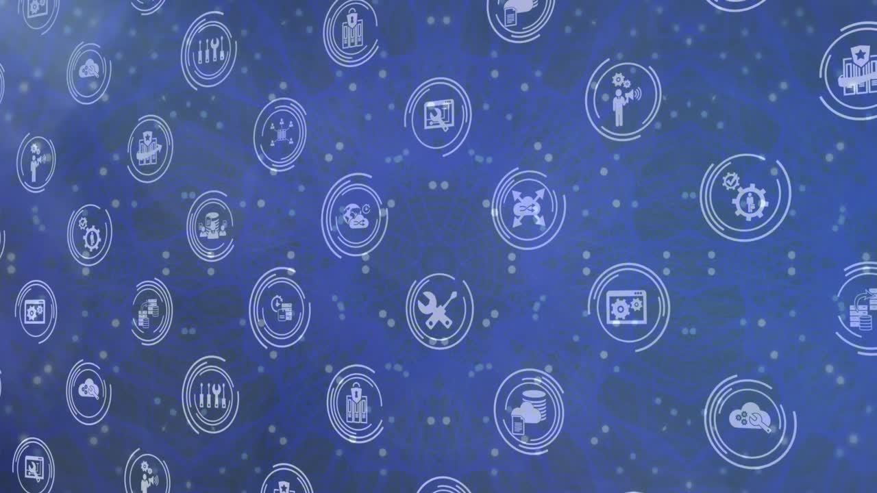 animación del icono en círculos de carga sobre llamaradas de lente y puntos que se mueven en patrón circular