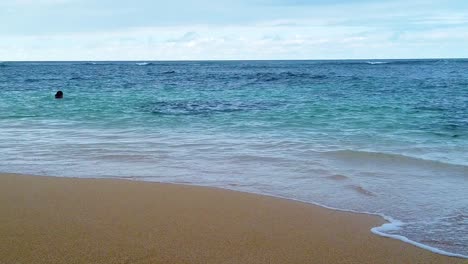 HD-Hawaii-Kauai-slow-motion-static-of-a-woman-in-the-ocean-waves-toward-frame-left-drifting-further-frame-left-and-back-to-the-right-with-small-waves-lapping-up-on-a-beach-in-lower-left-frame