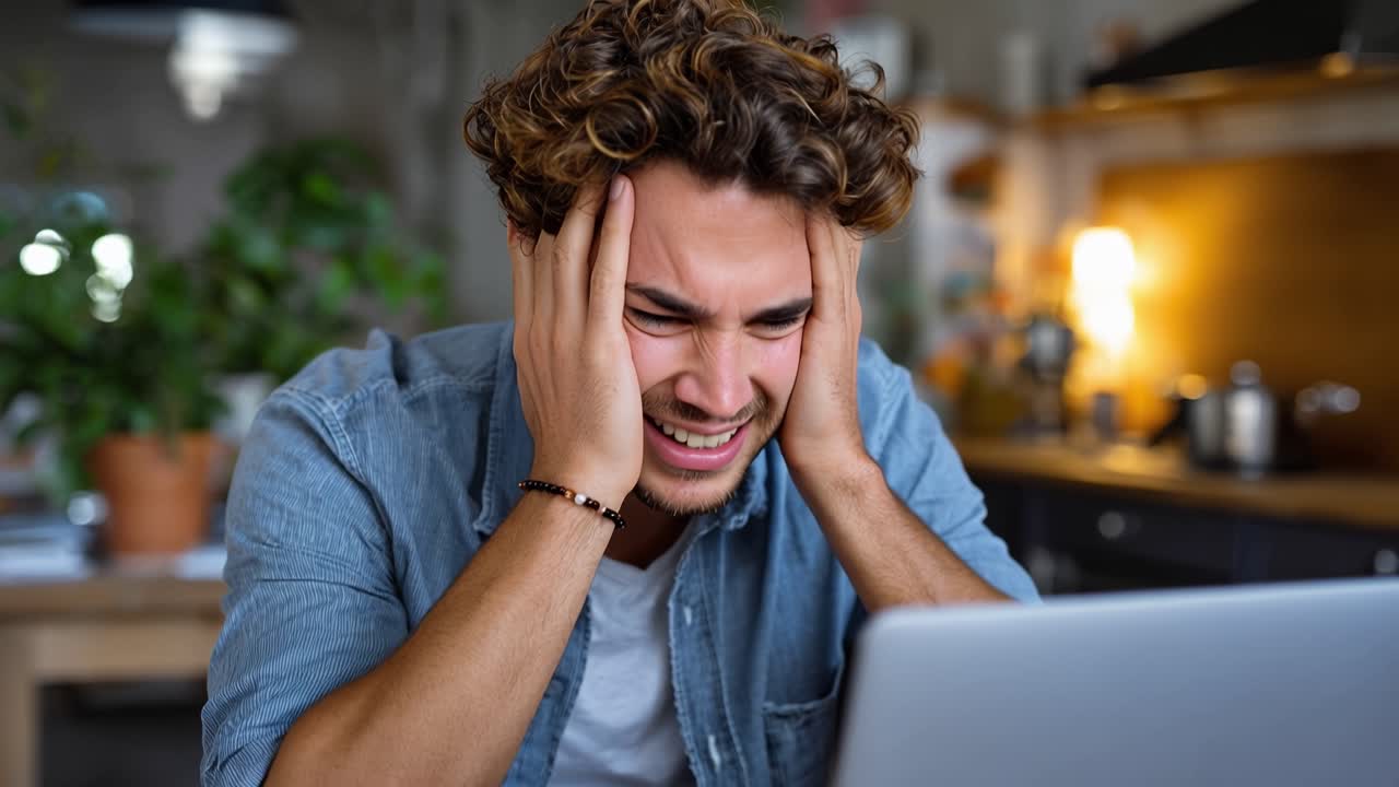 Man looks tired, holding head, staring at laptop screen. Home kitchen background, soft warm lighting. He appears stressed or overwhelmed by work. Use for themes of digital fatigue, mental strain