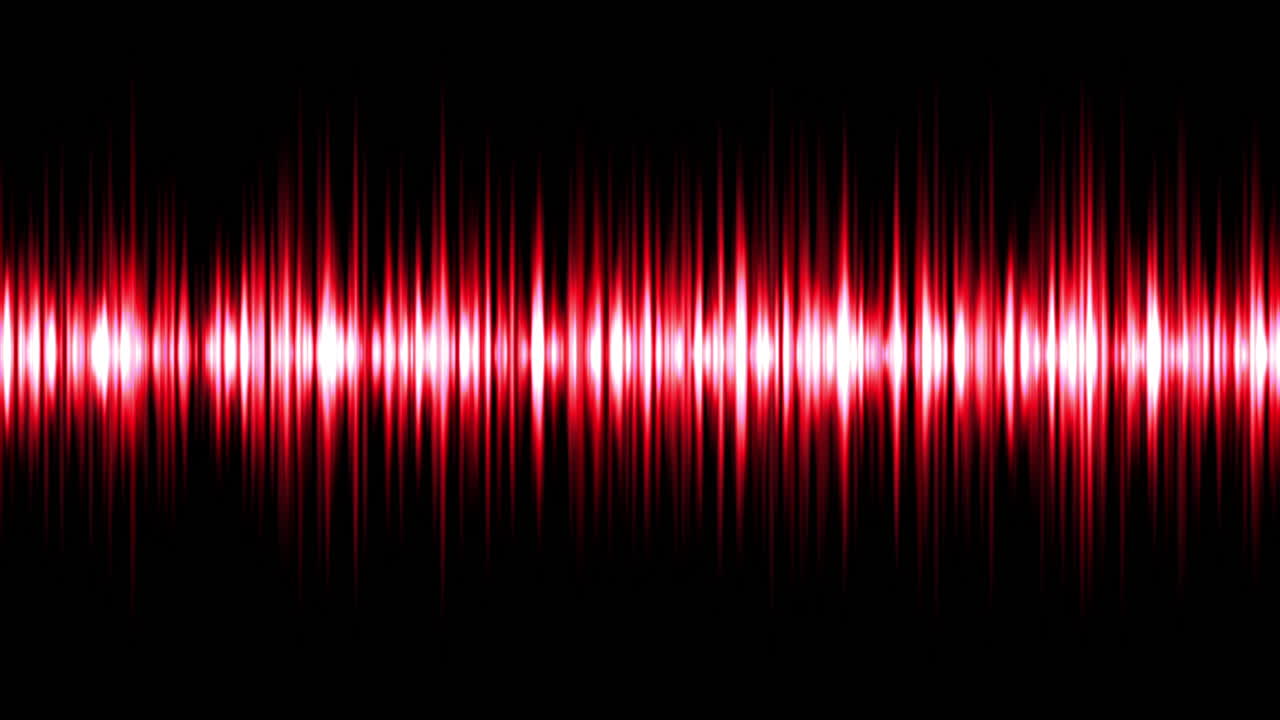 A vibrant Red audio waveform pulsates against a deep black background. 4K with glowing vertical bars reacting to sound frequencies, perfect for music visualizer, podcast intros