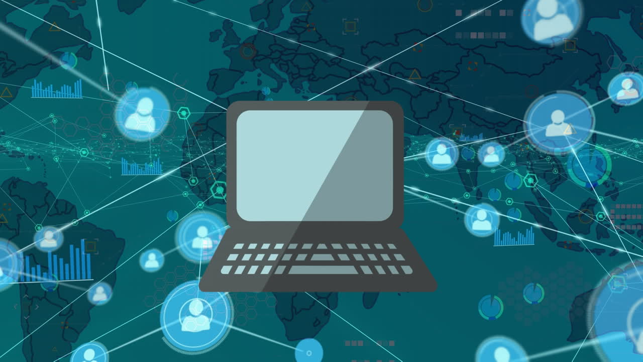 Animation of laptop and world map over connections on blue background