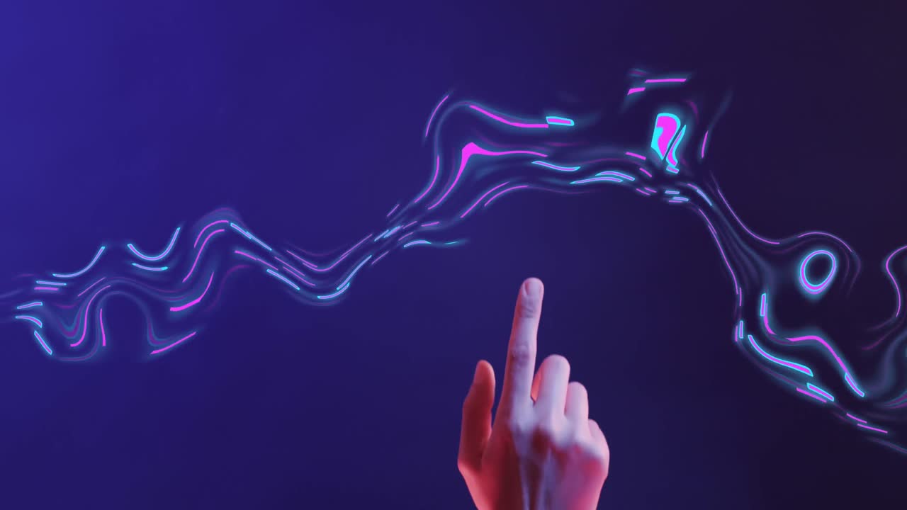 Animation of glowing light trails of data transfer and asian woman's hand