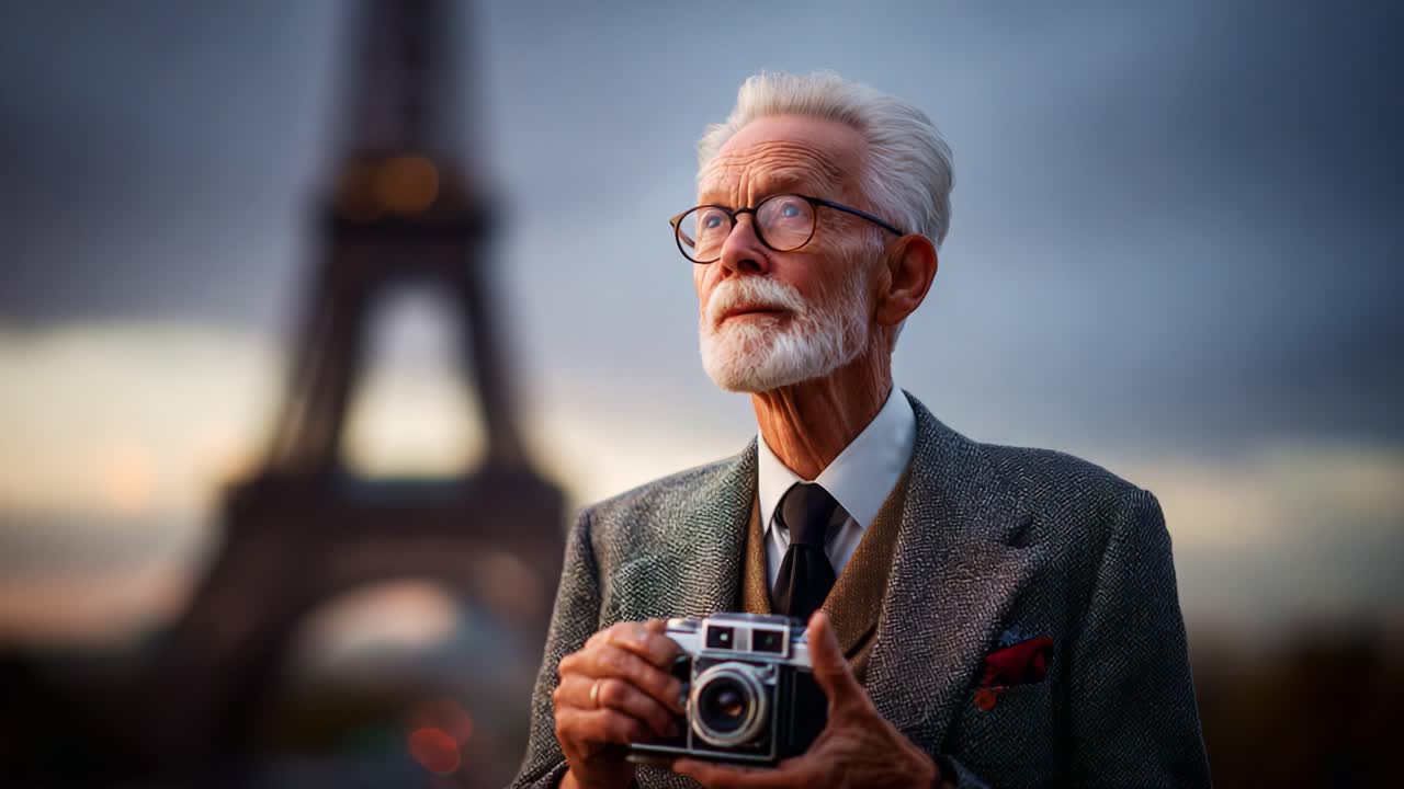 An Elderly Man Captures Memories of Iconic Landmarks with His Vintage Camera Against the Backdrop of a Dusk Sky Highlighted by the Eiffel Tower in This Beautiful Moment