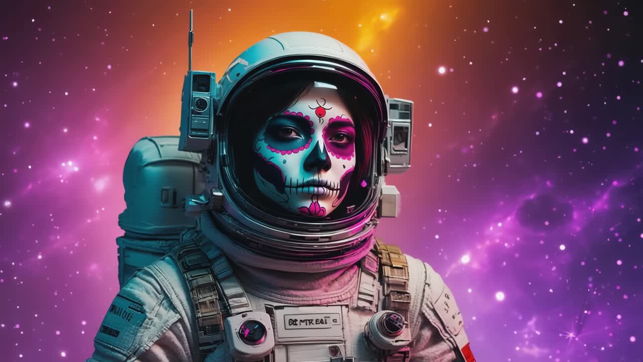 Astronaut med sugar skull ansigtsmaling i rummet