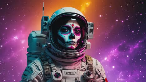 astronaut with sugar skull face paint in space