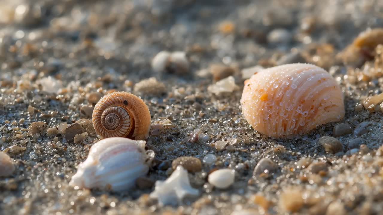 Sliding camera pulling focus on brown spiral and pink shells on wet sand, highlighting texture