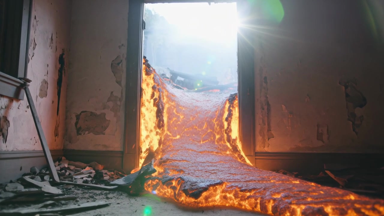 Lava che scorre attraverso una porta rotta in una stanza in rovina, eruttando da un pannello inferiore e riempiendo il pavimento.