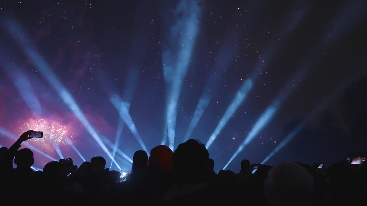 Guardare fuochi d'artificio luminosi esplodere nel cielo notturno di festa.