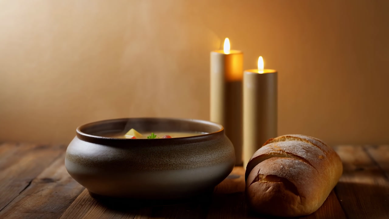 Warm Rustic Soup Bowl Beside Bread, Soft Candlelight, Wooden Table, Steam Rising, Nourishing Vegetable Broth,