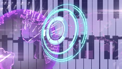 Animation-of-safe-lock-with-countdown-over-glowing-pink-global-network-and-abstract-piano-keys