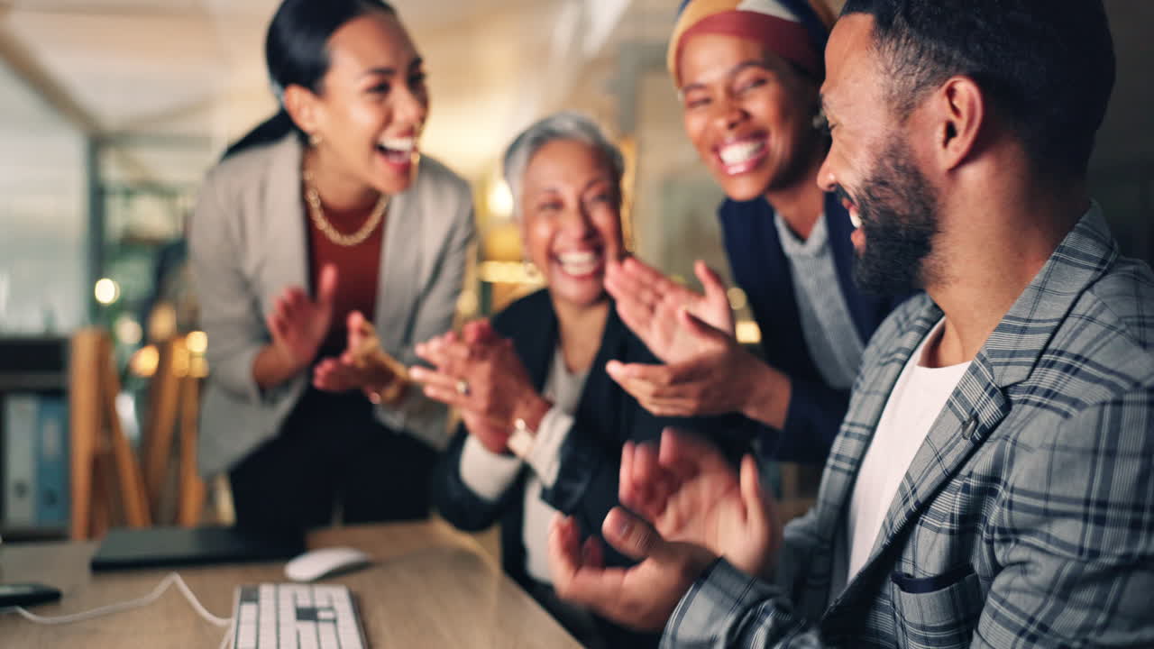 Business people, applause and computer