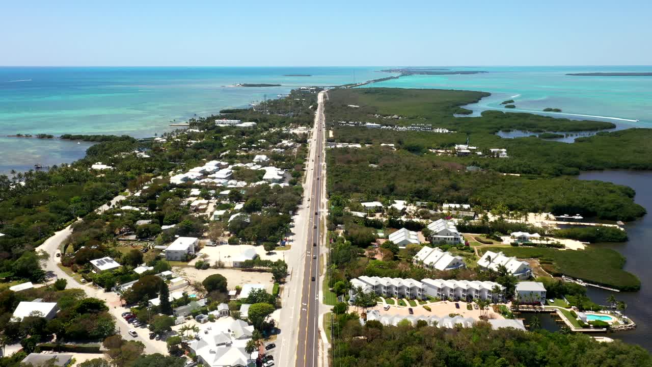 Drone tracking of highway over tropical waters in the Florida Keys during daylight