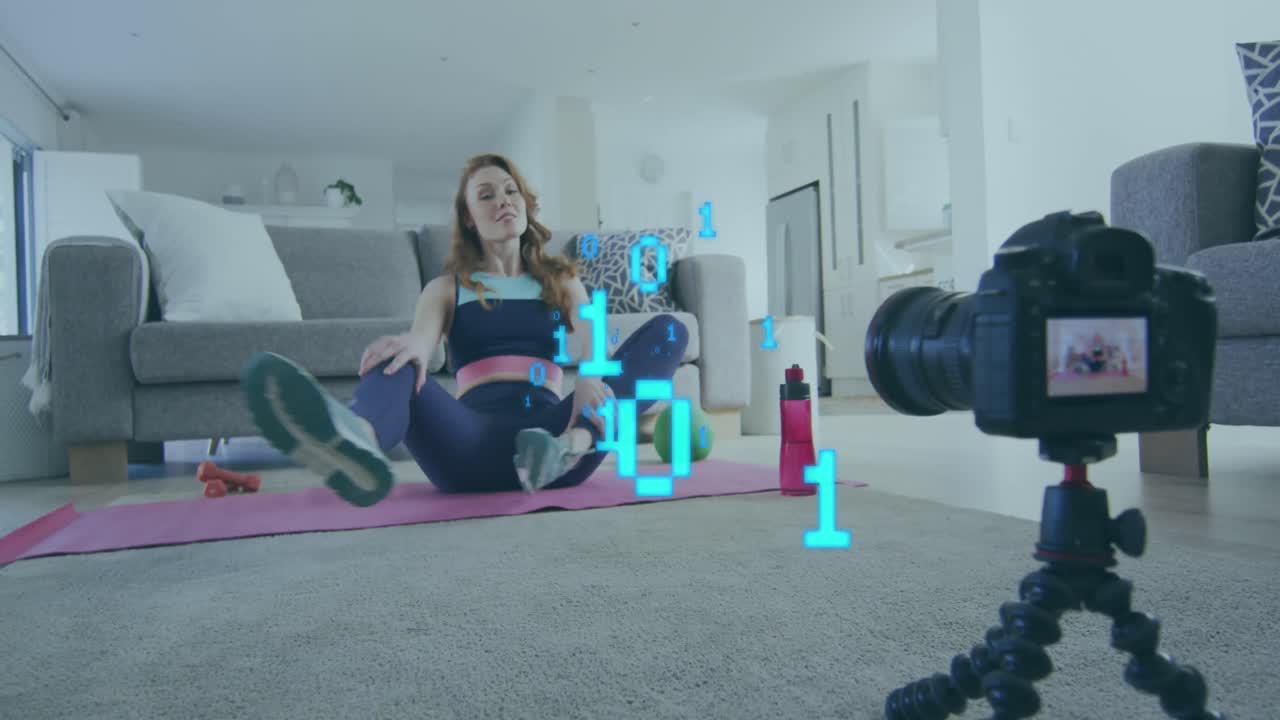 루핑 바이너리 코드의 애니메이션, 카우카시안 여성 녹음 비디오 레코더에서 스트레칭 운동