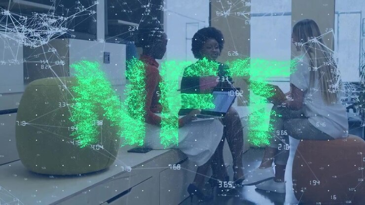 Animation of nft text and network of connections with data processing over diverse business people
