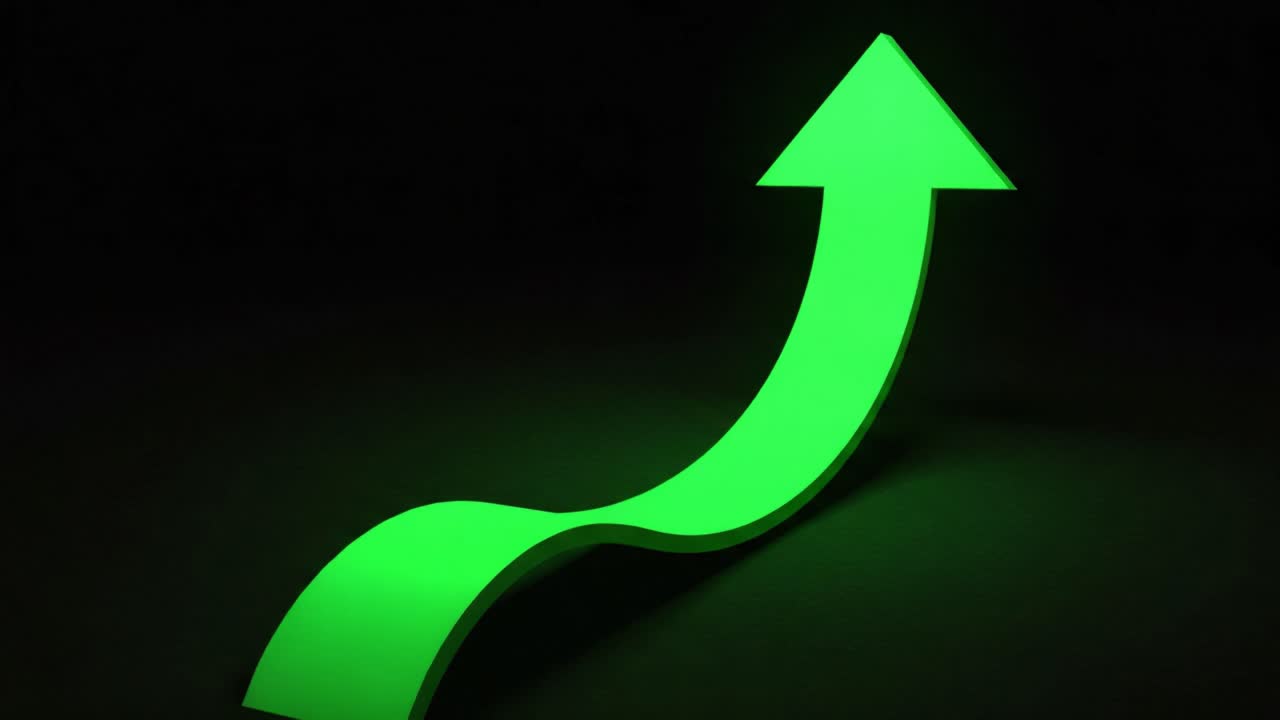 A Captivating Green Arrow Ascending with Dynamic Curvature, Representing Growth, Progression, and Positive Trajectories in a Dark Background Setting