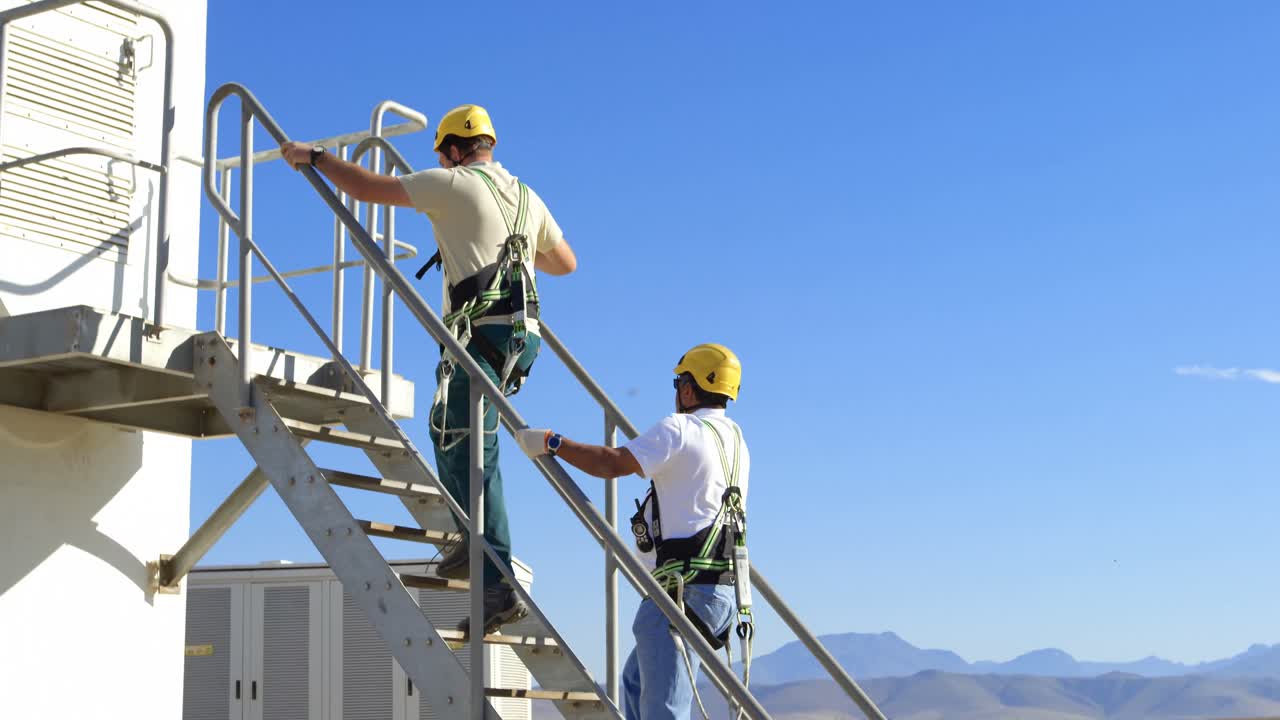 dos ingenieros masculinos caminando por las escaleras en el molino de viento 4k