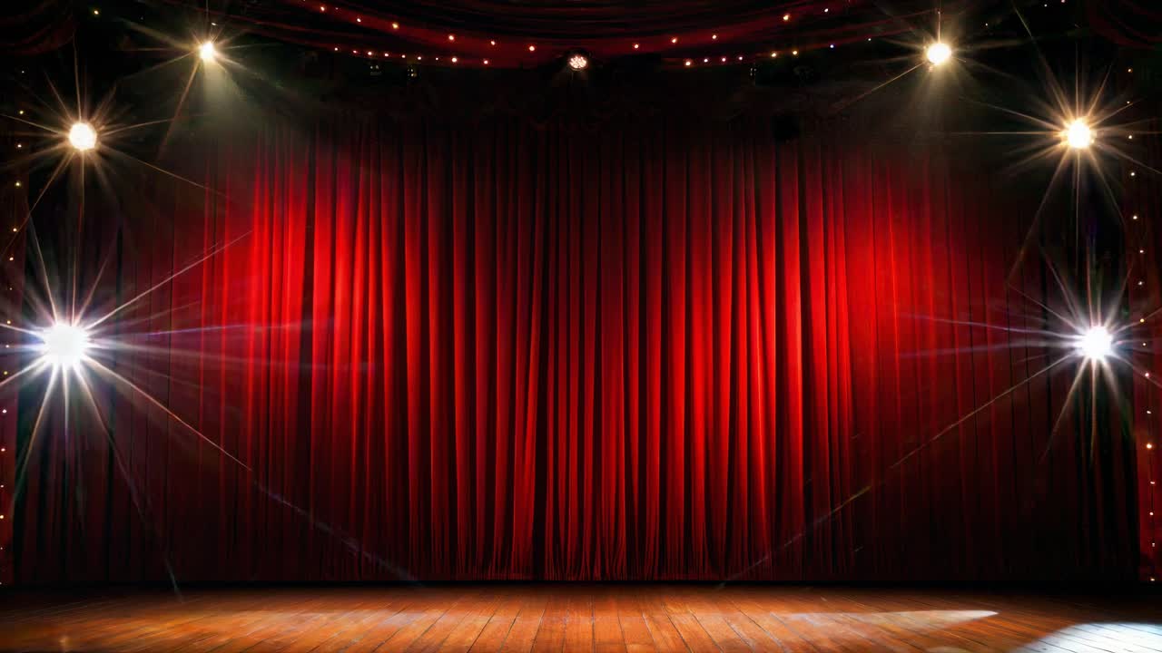 Inquadratura grandangolare di un palco teatrale con tende rosse e riflettori luminosi, per creare un effetto scenico drammatico
