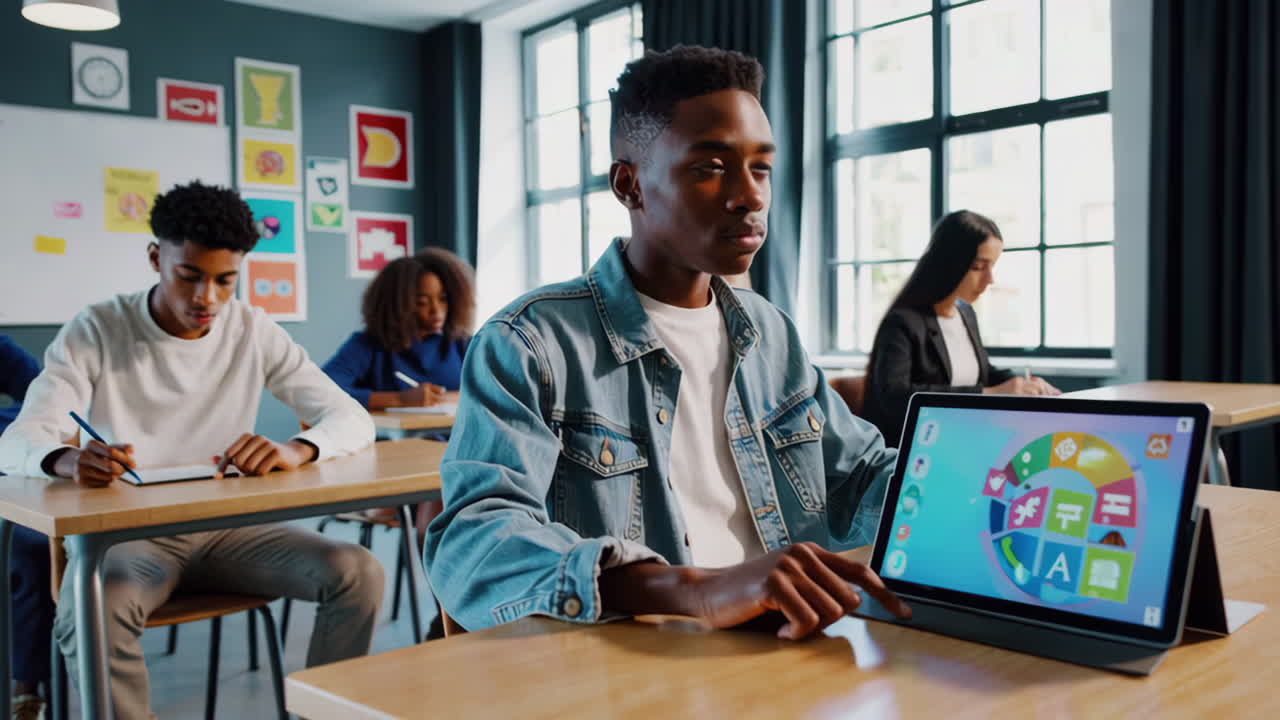 Students using tablets and notebooks in a modern classroom setting