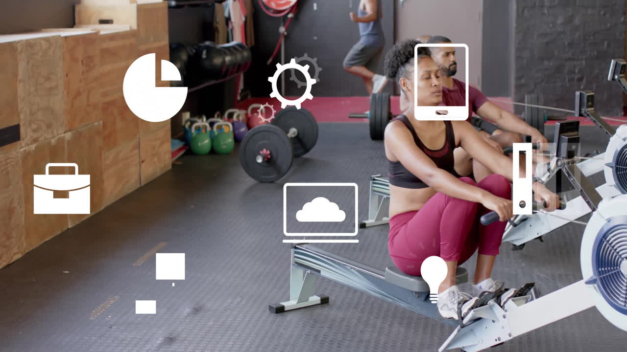 체육관에서 실내 rower를 사용하는 다양한 사람들을 통해 비즈니스 아이콘의 애니메이션