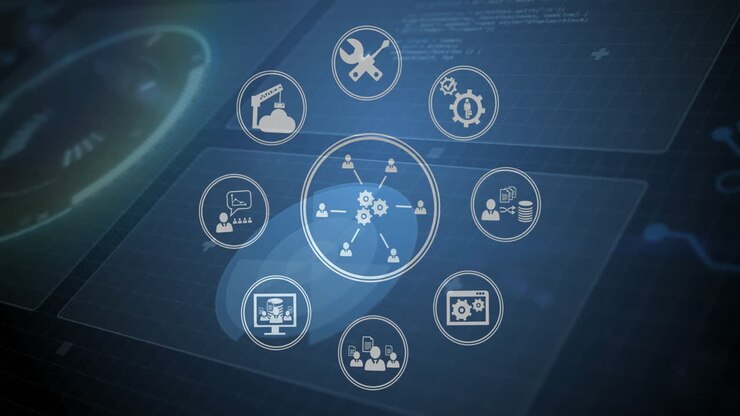 Icons interconnected, representing business and technology concepts in animation style